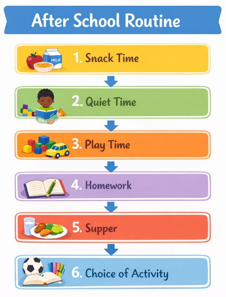 Visual schedule titled "After School Routine". The schedule clearly outlines six steps using accompanying pictures: 1. Snack Time, 2. Quiet Time, 3. Play Time, 4. Homework, 5. Supper, and 6. Choice of Activity. This visual support aids children with transitions and managing expectations after school.